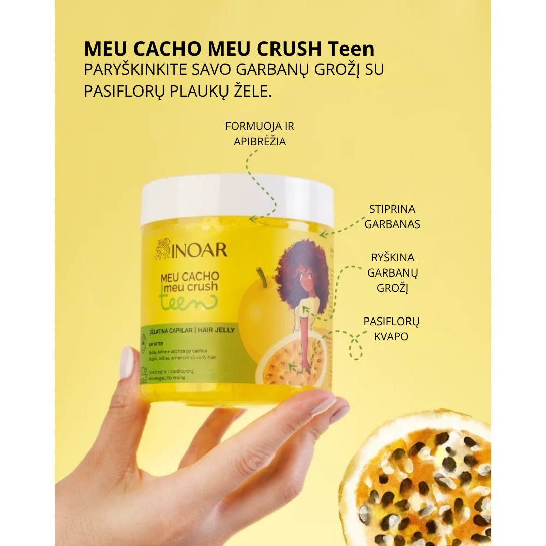 INOAR Meu Cacho Meu Crush Teen Passion Fruit Hair Jelly - plaukų formavimo želė garbanotiems plaukams pasiflorų kvapo 500 g