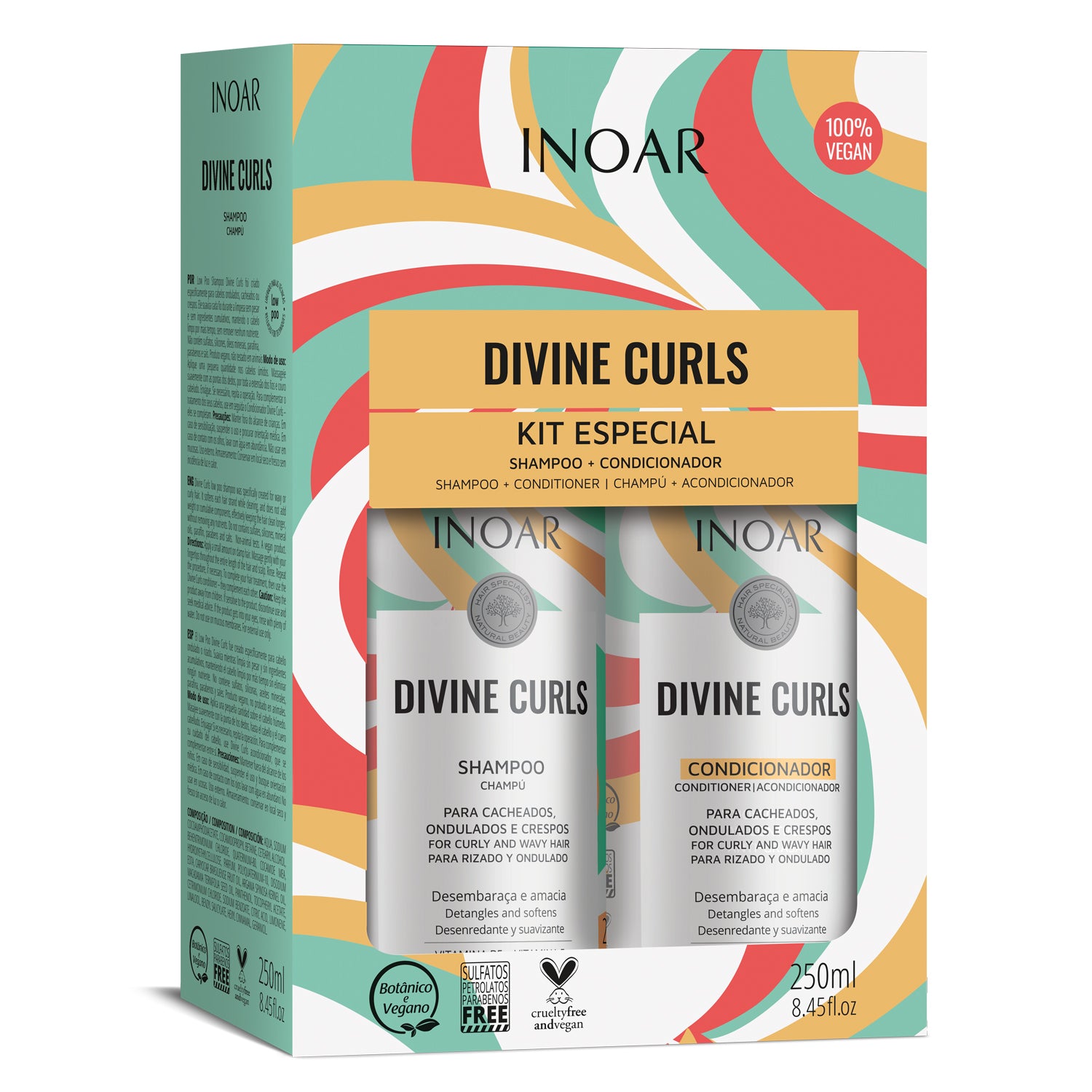 INOAR Divine Curls Duo Kit - priemonų rinkinys garbanotiems banguotiems plaukams 2x250 ml