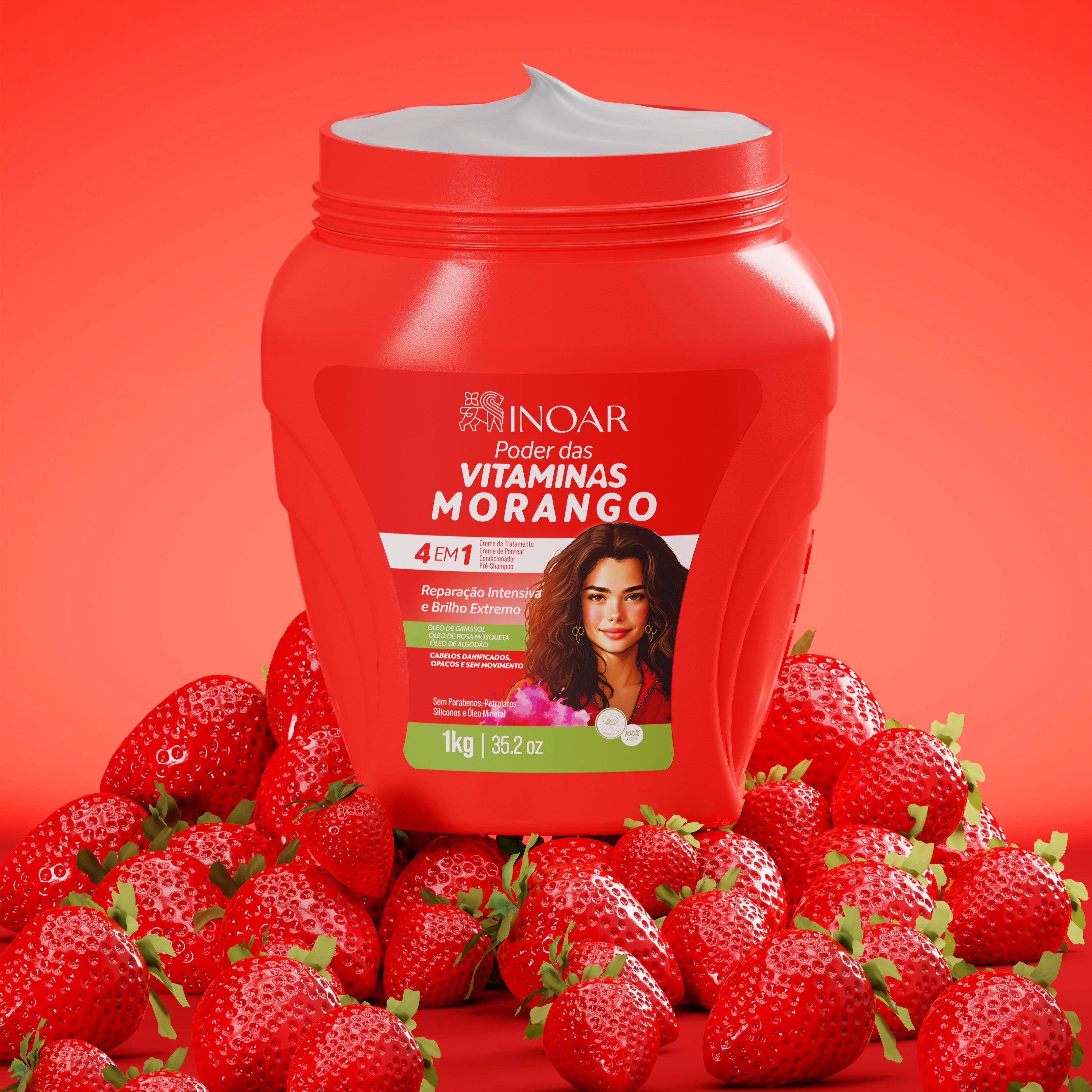 INOAR Multifunctional Cream Strawberry - multifunkcinis pažeistų garbanų kremas braškių kvapo 1000 g