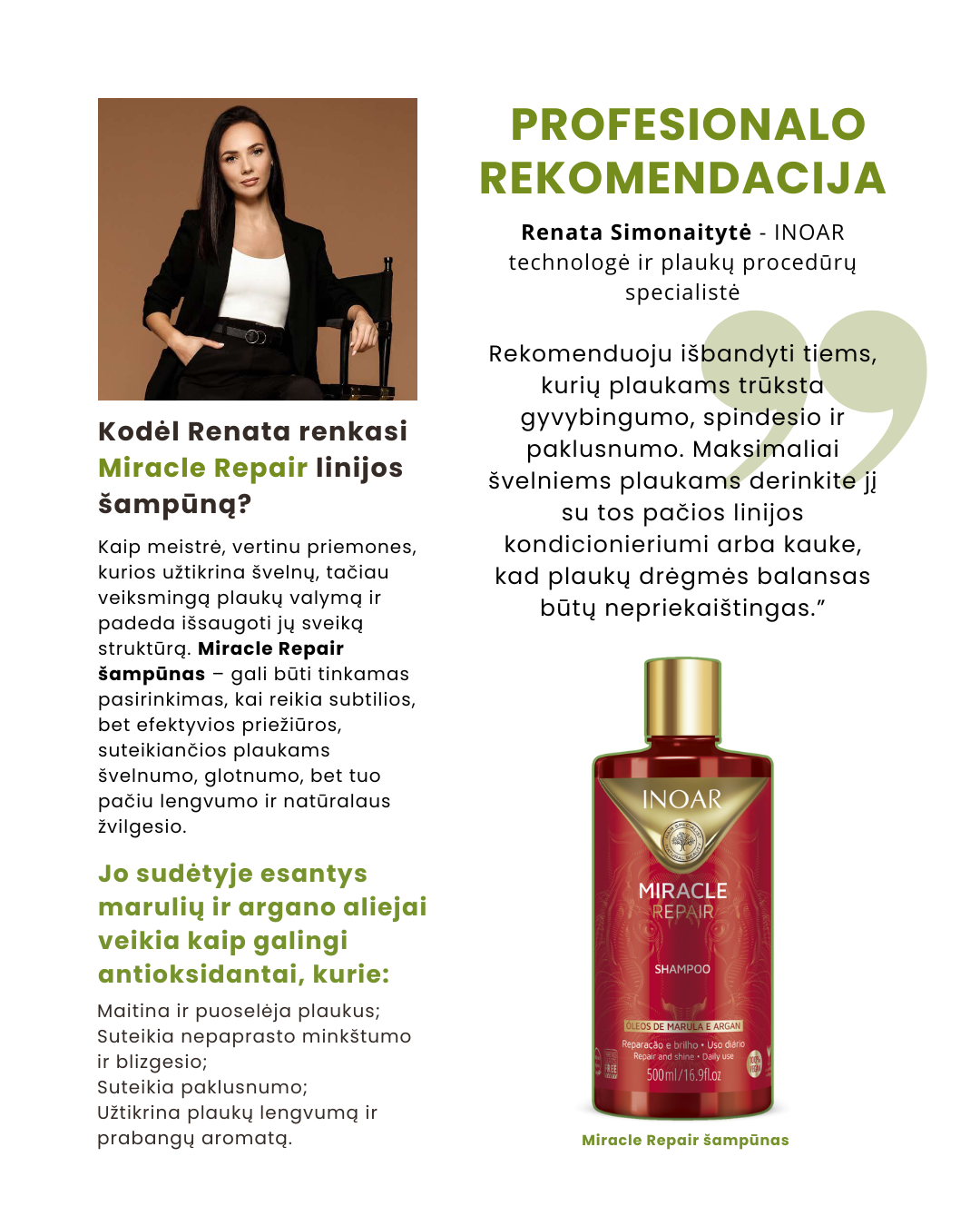 INOAR Miracle Repair Shampoo - atkuriantis blizgesio suteikiantis šampūnas 500 ml