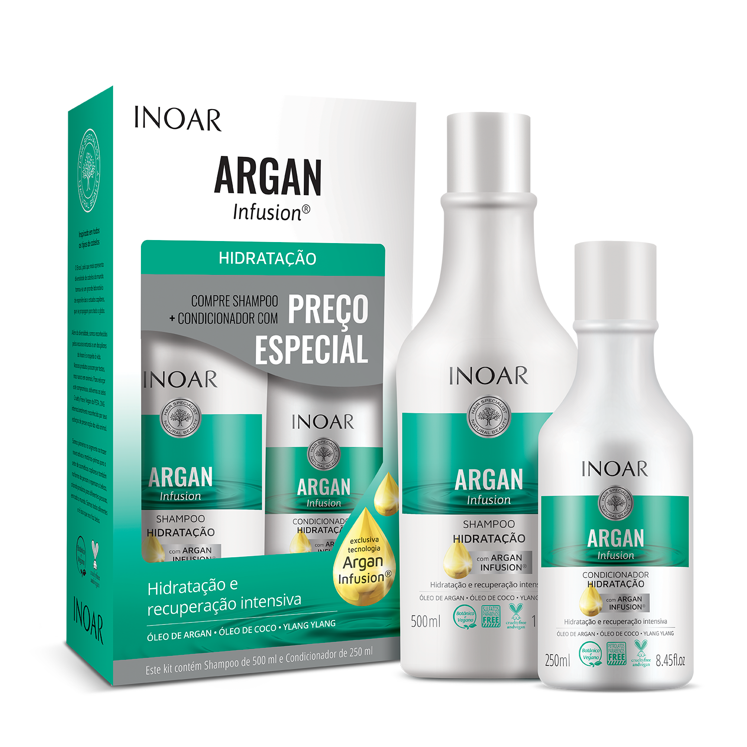 INOAR Argan Hydrating Duo Kit - plaukus drėkinantis šampūno ir kondicionieriaus rinkinys 500 ml+250 ml