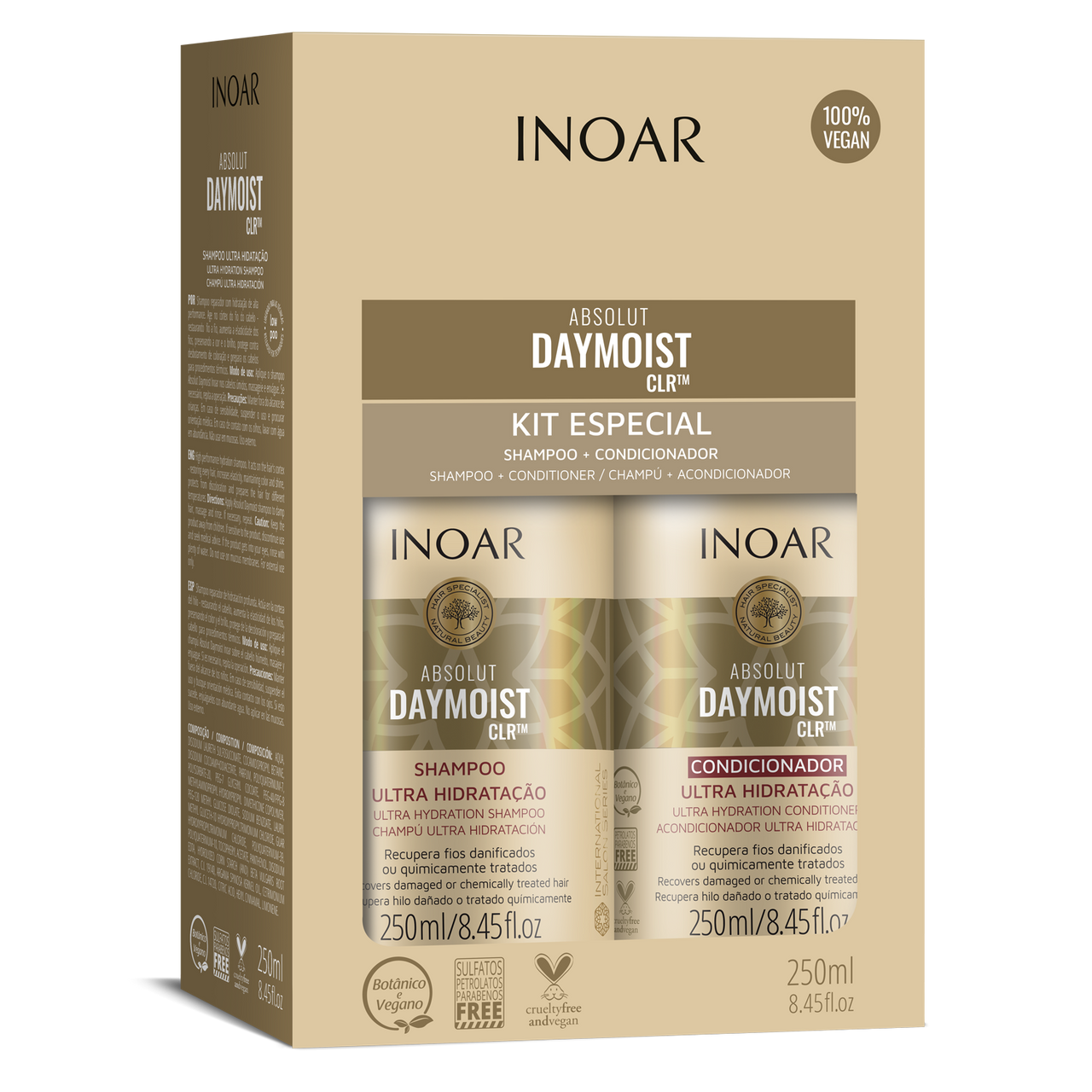 INOAR Absolut Daymoist Duo Kit - priemonių rinkinys chemiškai pažeistiems plaukams 2x250 ml