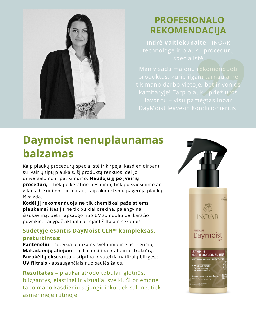 INOAR Absolut DayMoist CLR TM leave-in - nenuplaunamas kondicionierius pažeistiems plaukams 200 ml
