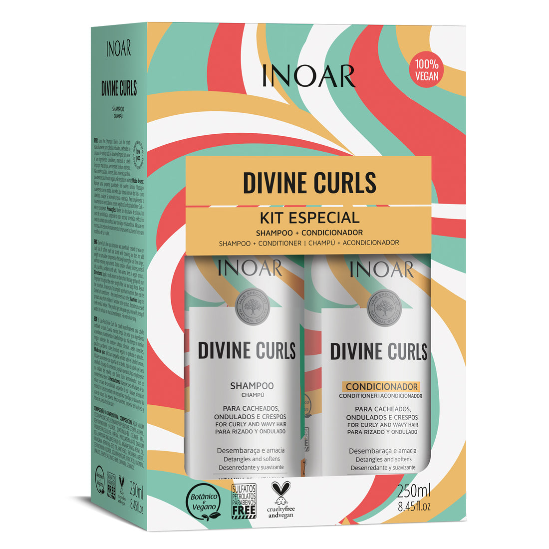 INOAR Divine Curls Duo Kit - priemonų rinkinys garbanotiems banguotiems plaukams 2x250 ml