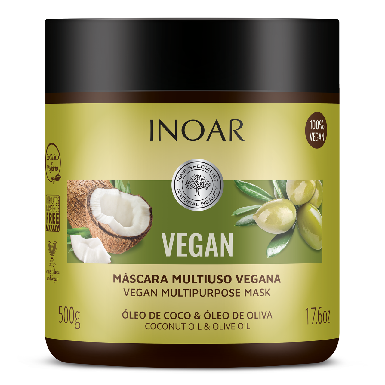 INOAR Vegan Mask - daugiafunkcinė plaukų kaukė su kokoso ir alyvuogių aliejais 500 g