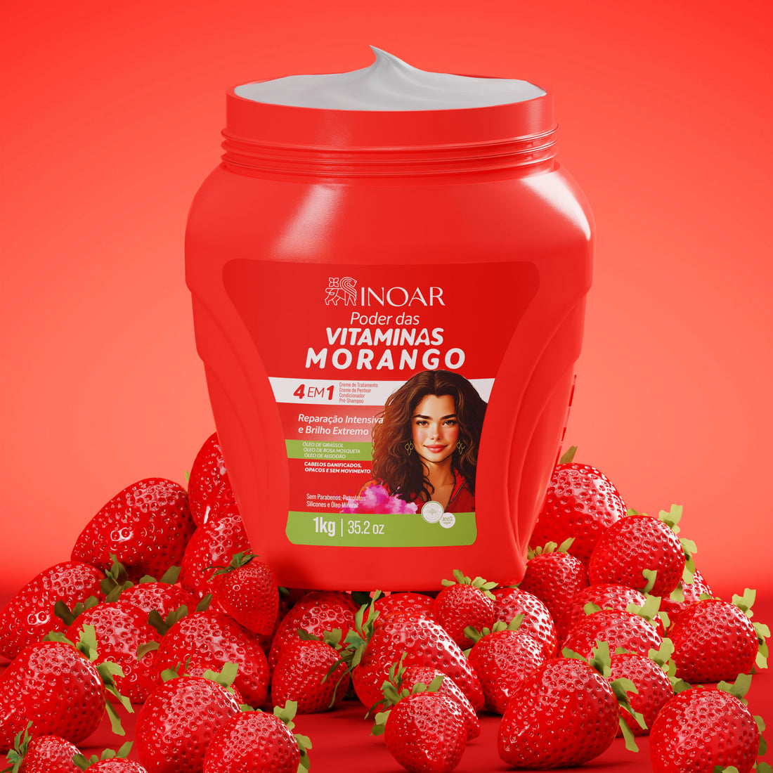INOAR Multifunctional Cream Strawberry - multifunkcinis pažeistų garbanų kremas braškių kvapo 1000 g