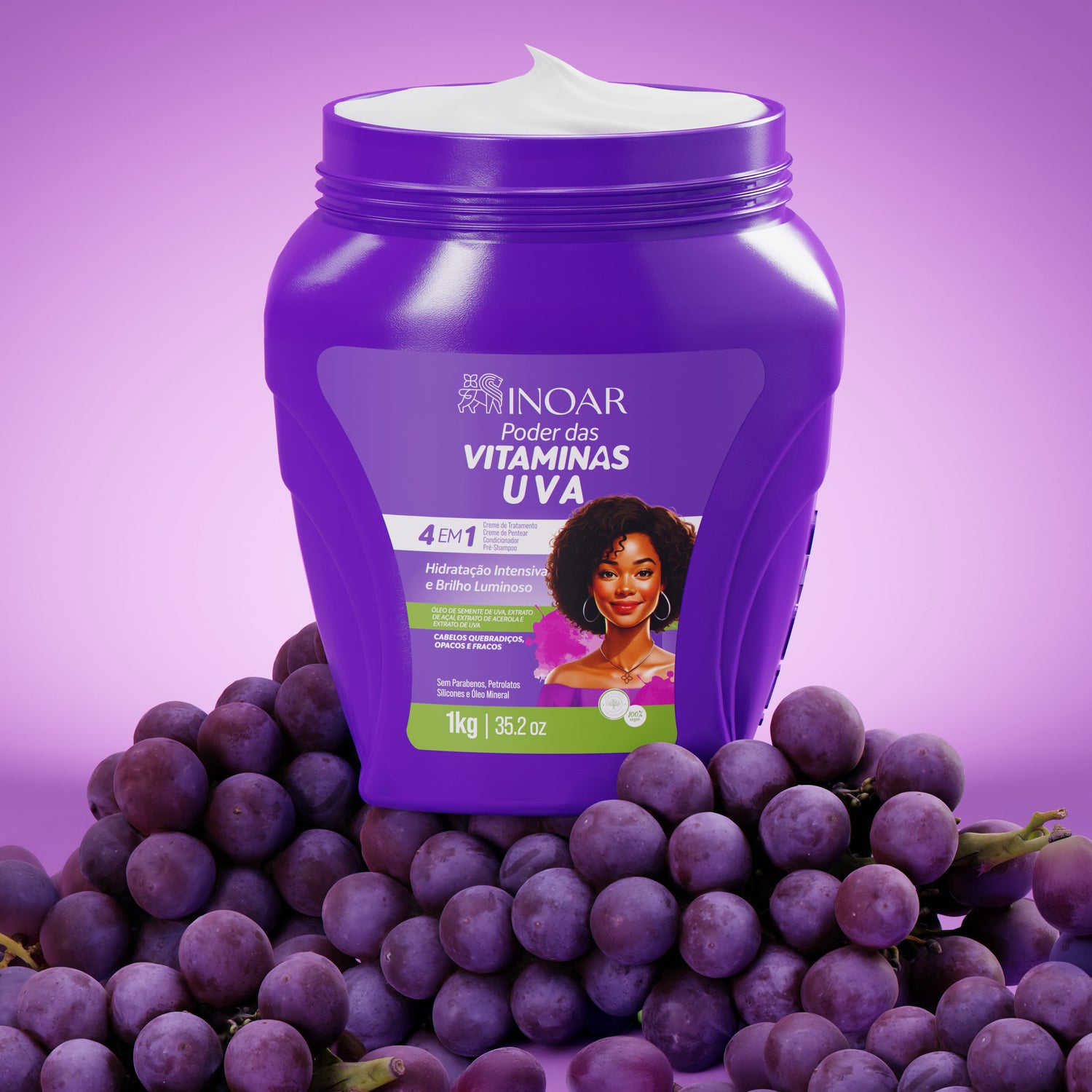 Inoar Multifunctional Cream Grape - multifunkcinis drėkinantis garbanų kremas vynuogių kvapo 1000 g
