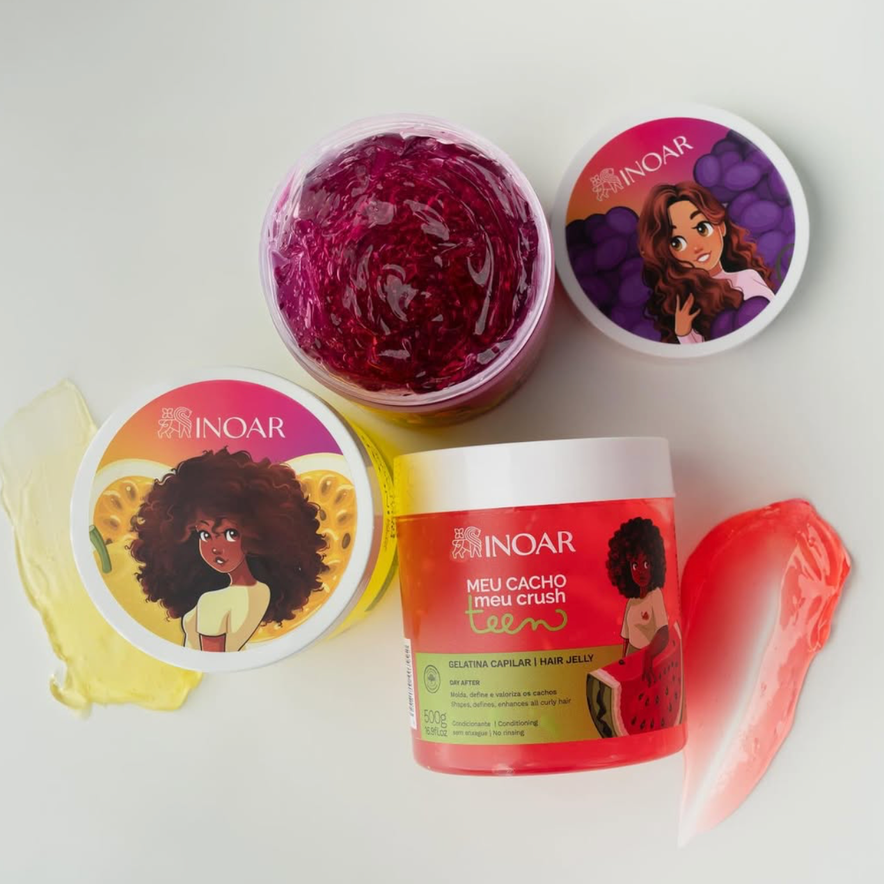 INOAR Meu Cacho Meu Crush Teen Watermelon Hair Jelly - plaukų formavimo želė garbanotiems plaukams arbūzų kvapo 500 g
