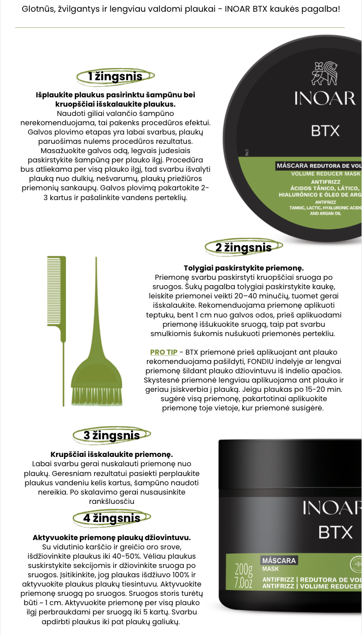 INOAR BTX Anti-frizz Mask - intensyviai plaukus glotninanti kaukė 200 g