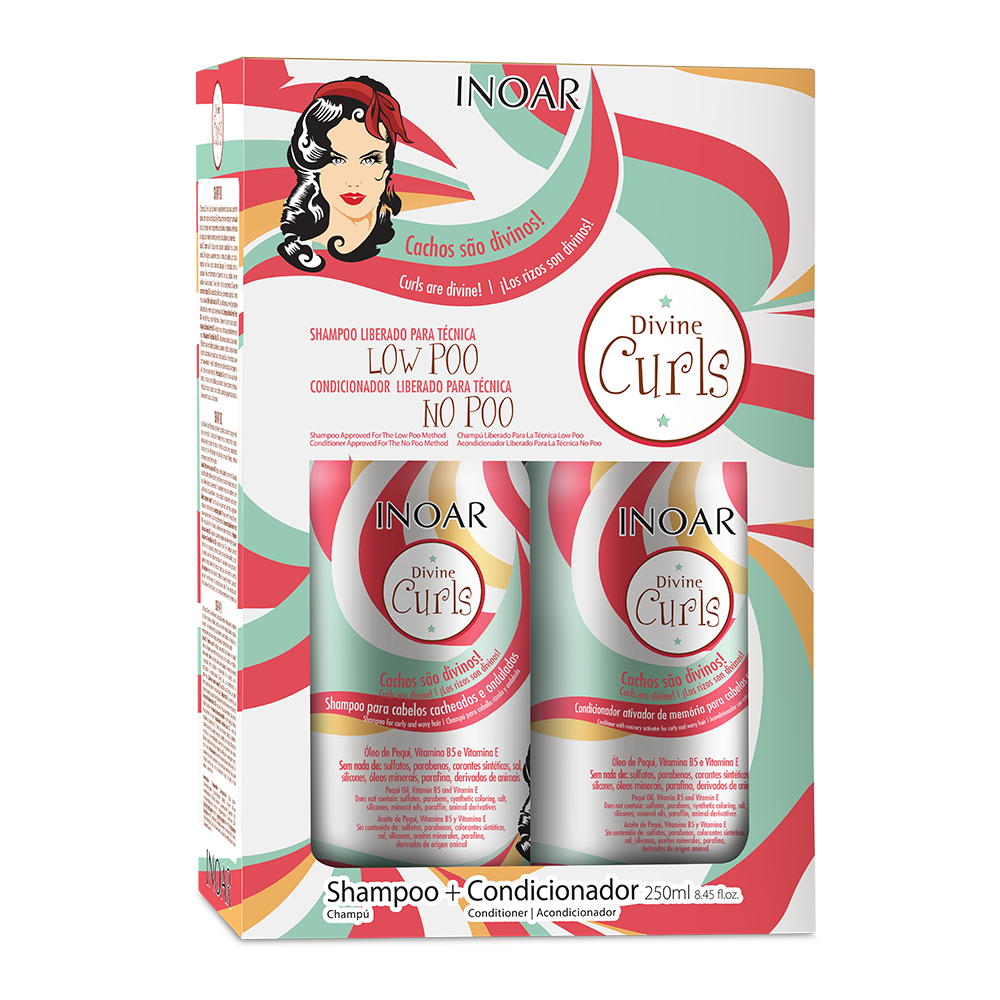 INOAR Divine Curls Duo Kit - priemonų rinkinys garbanotiems banguotiems plaukams 2x250 ml