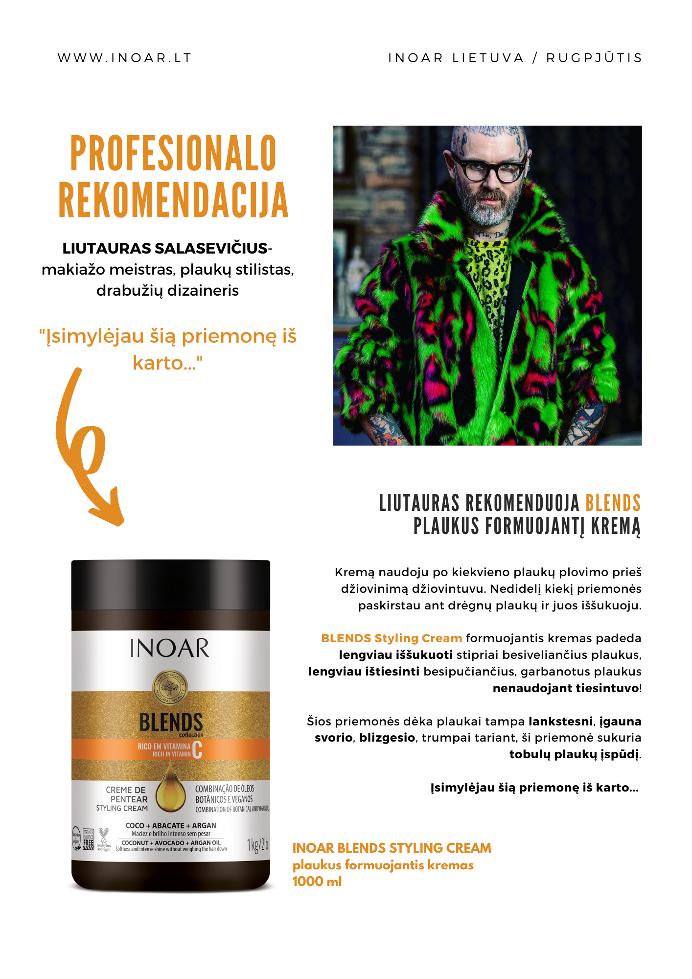 INOAR Blends Styling Cream - plaukų formavimo kremas su vitaminu C 1000 g